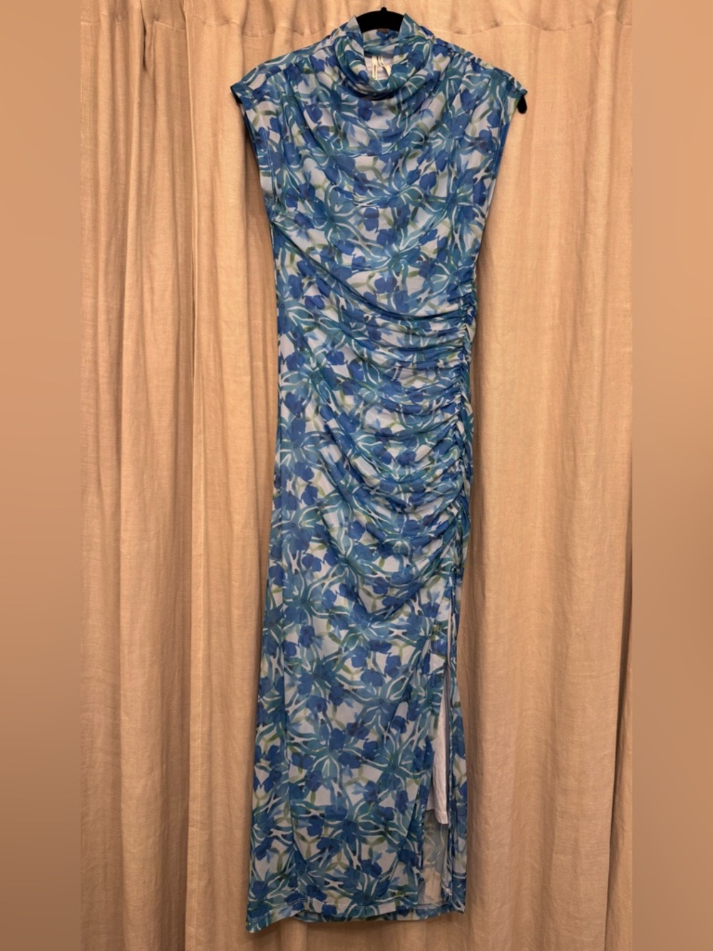 NWT Anthropologie Oba Slim Cowl Ruched Mesh Midi Dress Blue Floral XS